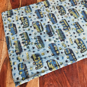 Green and Blue Ajrakh HandBlock Printed Cotton Fabric with car design