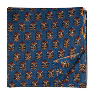 Blue and Yellow Bagru Hand Block Printed Cotton Fabric with floral design