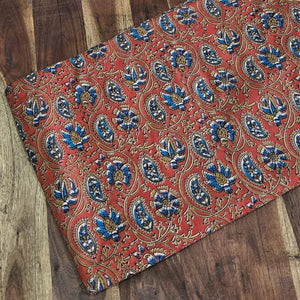 Red and Blue Bagru Hand Block Printed Cotton Fabric with floral print