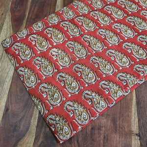 Red and Yellow Bagru Hand Block Printed Cotton Fabric with paisley print