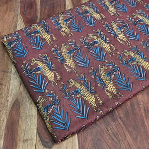 Brown and Yellow Yellow and Blue Bagru Hand Block Printed Cotton Fabric with animal print