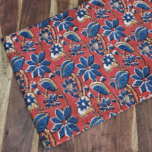 Blue and Red Bagru Hand Block Printed Cotton Fabric with floral print