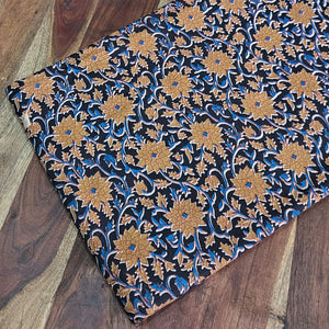 Black and Yellow Bagru Hand Block Printed Cotton Fabric with floral print