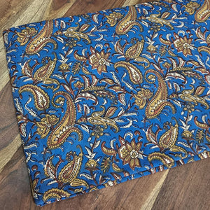 Blue and Yellow Bagru Hand Block Printed Cotton Fabric with paisley print