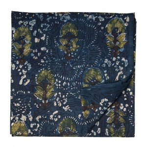 Green and Blue Ajrakh HandBlock Printed Cotton Fabric with floral design