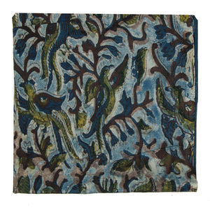 Green and Blue Ajrakh HandBlock Printed Cotton Fabric with bird design