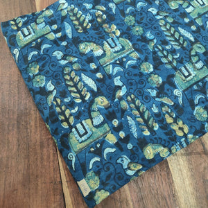 Blue and Green Ajrakh HandBlock Printed Pure Cotton Fabric with horse and bird print