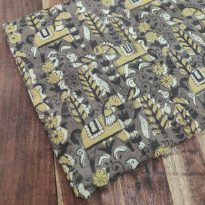 Brown and Yellow Ajrakh HandBlock Printed Pure Cotton Fabric with horse and bird print