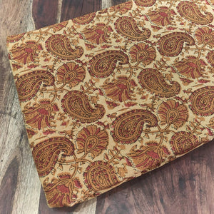 Yellow and Brown Ajrakh Hand Block Printed Cotton Fabric with paisley print