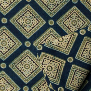 Precut 0.25 meters -Blue & Green Ajrakh Hand Block Printed Cotton Fabric