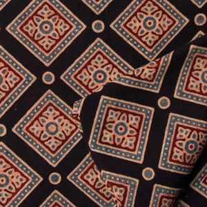 Precut 0.50 meters -Black & Red Ajrakh Hand Block Printed Cotton Fabric