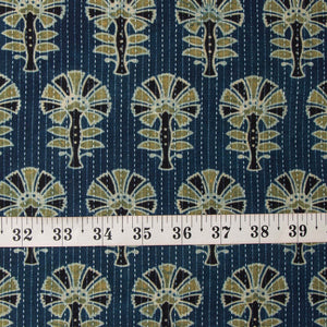 Precut 0.25 meters -Blue & Green Ajrakh Kantha Hand Block Printed Cotton Fabric 1m