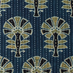 Precut 0.25 meters -Blue & Green Ajrakh Kantha Hand Block Printed Cotton Fabric 1m
