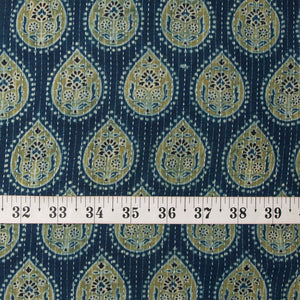 Precut 0.25 meters -Blue & Green Ajrakh Kantha Hand Block Printed Cotton Fabric