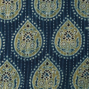 Precut 0.25 meters -Blue & Green Ajrakh Kantha Hand Block Printed Cotton Fabric