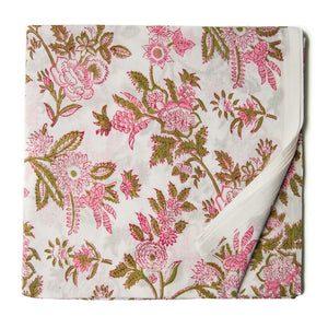 Pink and green Sanganeri Hand Block Printed Cotton Fabric with floral print