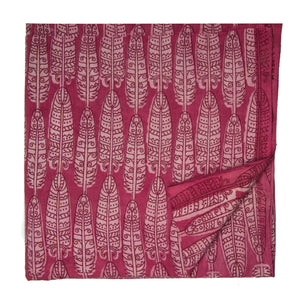 Pink and White Dabu Hand Block Printed Cotton Fabric with feather print