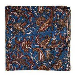 Blue and Yellow Bagru Hand Block Printed Cotton Fabric with paisley print