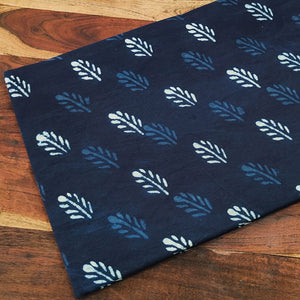 Blue and White Dabu Indigo Hand Block Printed Pure Cotton Fabric with Floral Design