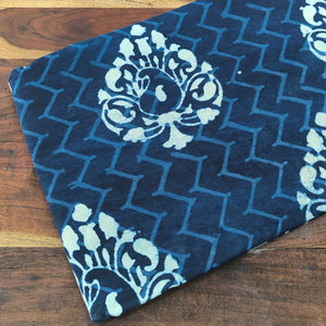 Blue and White Dabu Indigo Hand Block Printed Pure Cotton Fabric with Floral Design
