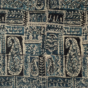 Blue and Black Kalamkari Hand Block Printed Pure Cotton Fabric with Paisley Design