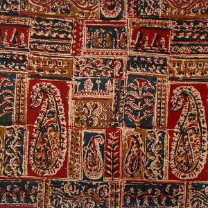 Red and Blue Kalamkari Hand Block Printed Pure Cotton Fabric with Paisley Design