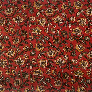 Red and Yellow Kalamkari Hand Block Printed Pure Cotton Fabric with Floral  Design