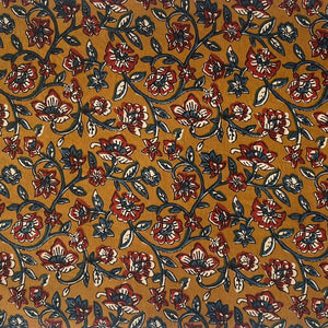 Yellow and Red Kalamkari Hand Block Printed Pure Cotton Fabric with Floral  Design