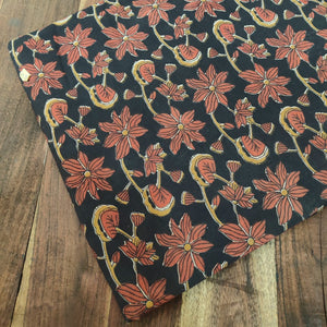 Black and Red Bagru Hand Block Printed Cotton Fabric with floral design