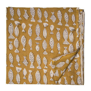 Yellow and Off white Bagru Hand Block Printed Cotton Fabric with fish design