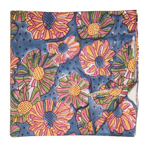 Blue and Yellow Sanganeri Hand Block Printed Cotton Fabric with floral print