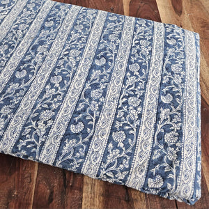 Blue and White Dabu Indigo Hand Block Printed Cotton Fabric with floral print