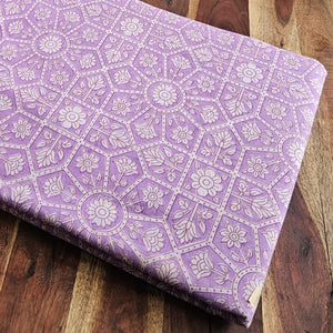 Purple and White Dabu Hand Block Printed Cotton Fabric with floral print