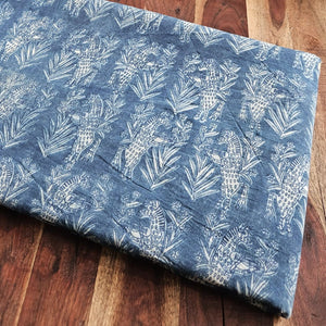 Blue and White Dabu Indigo Hand Block Printed Cotton Fabric with animal print