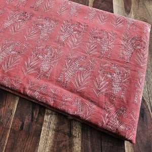 Red and White Dabu Hand Block Printed Cotton Fabric with animal print