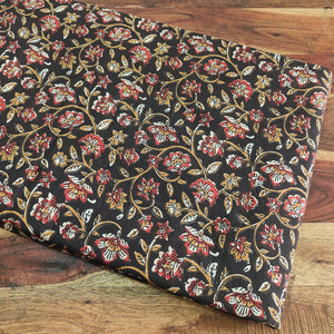 Black and Red Dabu Hand Block Printed Pure Cotton Fabric with floral print