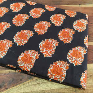 Black and Orange Dabu Hand Block Printed Pure Cotton Fabric with floral print