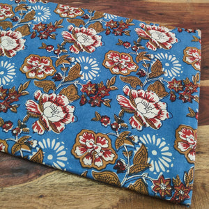 Blue and Yellow Dabu Hand Block Printed Pure Cotton Fabric with floral print