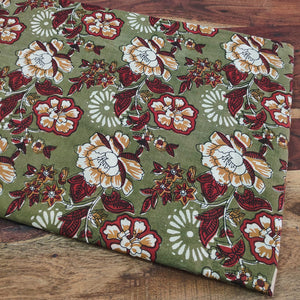 Green and Red Dabu Hand Block Printed Pure Cotton Fabric with floral print