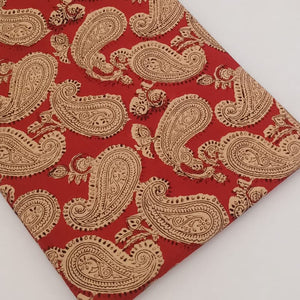 Off White and Red Bagru Dabu Hand Block Printed Pure Cotton Fabric with paisley design