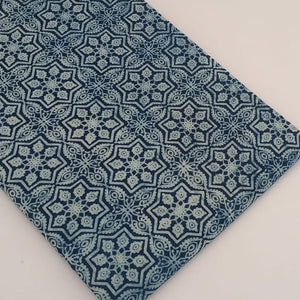 Blue and Off white Dabu Indigo Hand Block Printed Pure Cotton Fabric with floral print