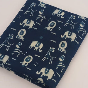 Blue and Off White Dabu Indigo Hand Block Printed Pure Cotton Fabric with animal print