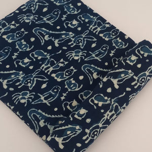 Blue and Off White Dabu Indigo Hand Block Printed Pure Cotton Fabric with animal print