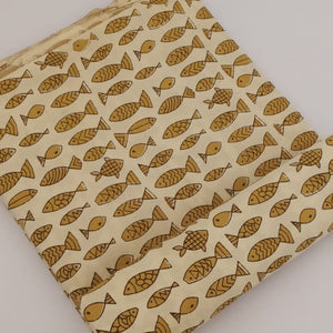 Yellow and White Bagru Hand Block Printed Pure Cotton Fabric with fish print