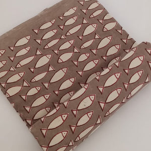 Grey and White Bagru Hand Block Printed Pure Cotton Fabric with fish print