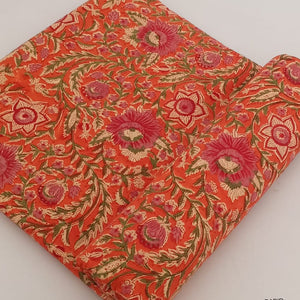 Red and Orange Sanganeri Hand Block Printed Pure Cotton Fabric with floral print
