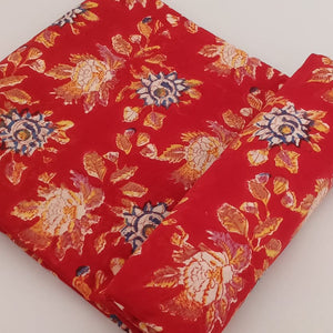 Blue and Red Sanganeri Hand Block Printed Pure Cotton Fabric with floral print