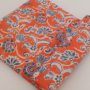Blue and Orange Sanganeri Hand Block Printed Pure Cotton Fabric with floral print