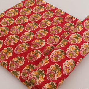 Green and Red Sanganeri Hand Block Printed Pure Cotton Fabric with floral print