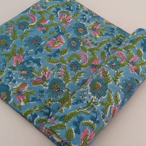 Green and Blue Sanganeri Hand Block Printed Pure Cotton Fabric with floral print